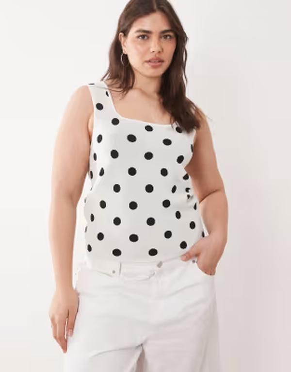 エイソス レディース アウター ニット・セーター ドット ASOS Curve ASOS DESIGN Curve compact square neck cami top in polka dots Cream クリーム
