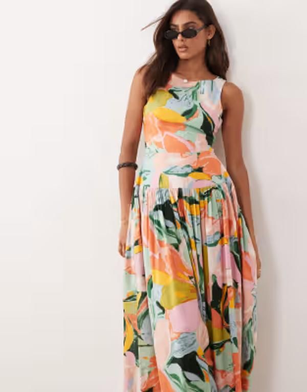 エイソス レディース トップス ワンピース カットアウト フラワー柄 プリント マキシ フラワー ASOS DESIGN racer neck maxi sundress with cut out back in floral print Multi flor