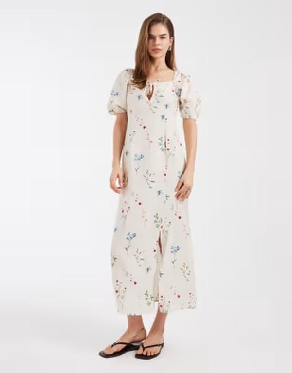 ヴェロモーダ レディース トップス ワンピース フラワー柄 プリント マキシ フラワー Vero Moda puff sleeve tie front detail maxi dress in cream floral print Birch Bina クリー