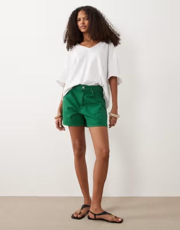 エイソス レディース ボトムス ハーフパンツ・ショーツ A ライン ショートパンツ デニム ASOS DESIGN denim longer aline shorts GREEN グリーン