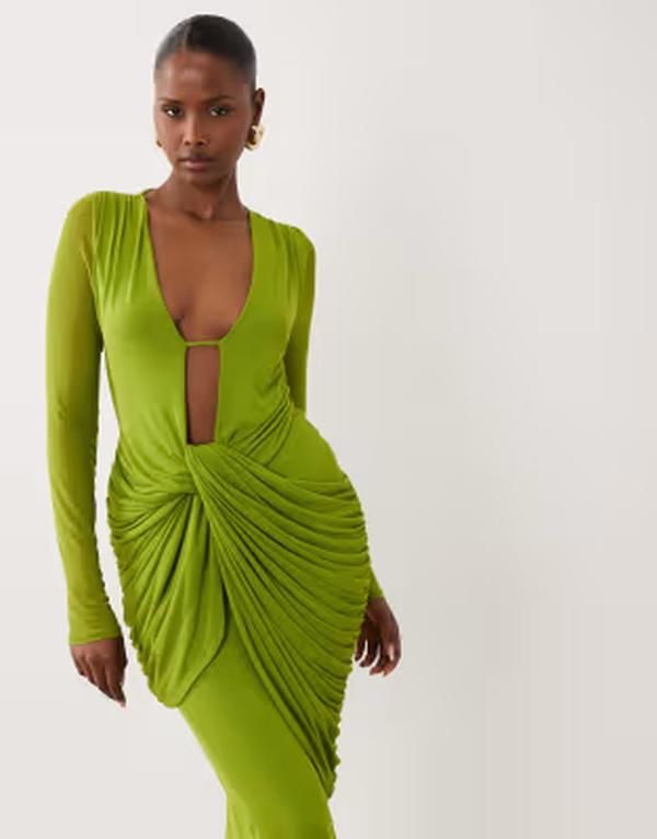 エイソス レディース トップス ワンピース メッシュ ミディ ASOS DESIGN mesh deeplunge neck long sleeve midi dress with drapingREEN グリーン