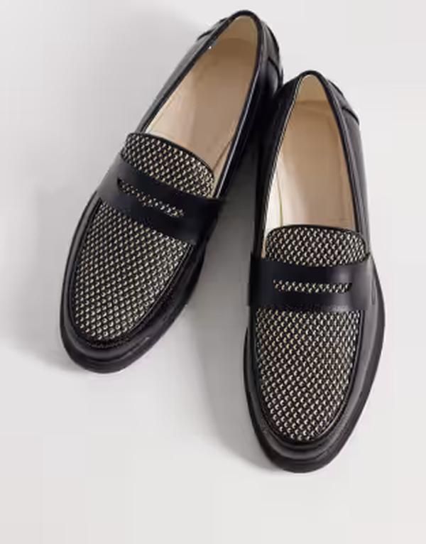 エイソス メンズ シューズ スリッポン・ローファー ASOS DESIGN two tone penny loafers with raffia detailing and cream Black Cream クリーム