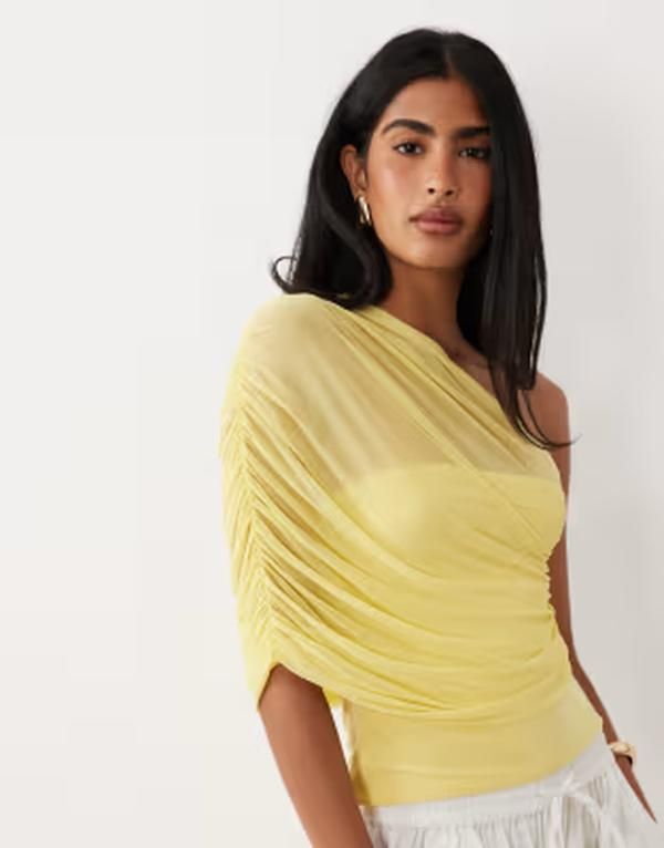 エイソス レディース トップス Tシャツ メッシュ ASOS DESIGN mesh one shoulder top with ruching in yellow イエロー