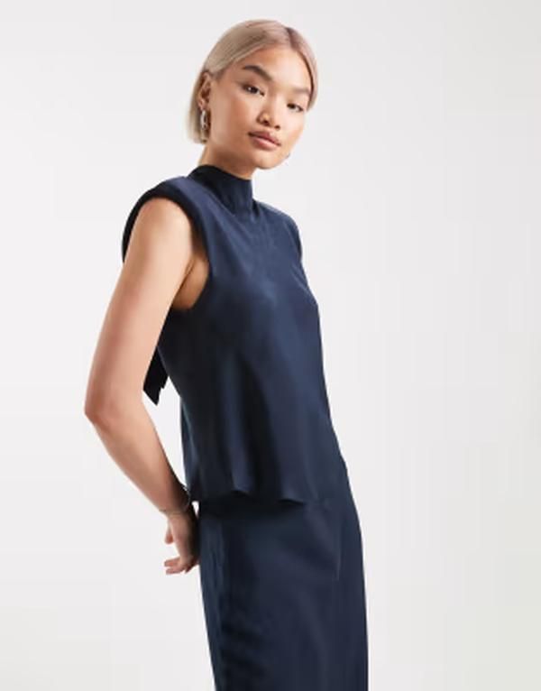 エイソス レディース トップス シャツ サテン ASOS DESIGN satin tie neck detail top part of a set Navy ネイビー