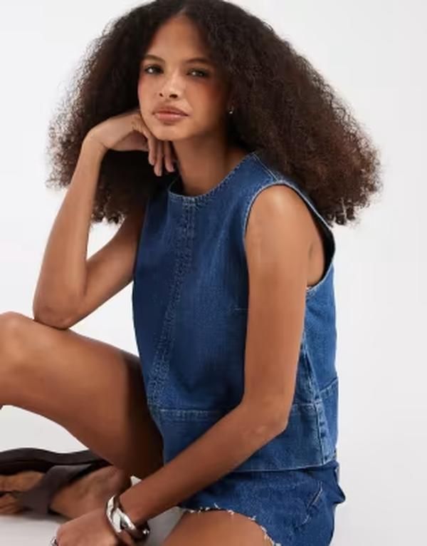 ピーシーズ レディース トップス タンクトップ ノースリーブ デニム Piecesleeveless denim top in medium blue denim デニム