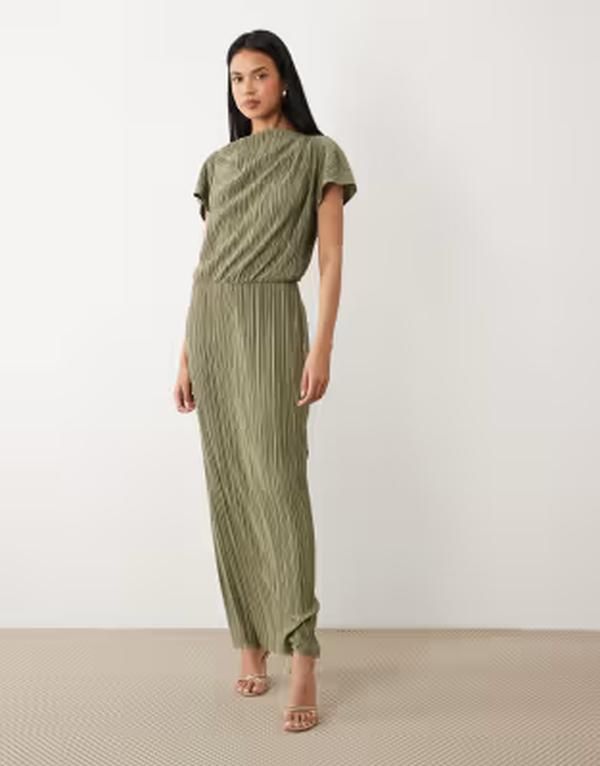 エイソス レディース トップス ワンピース ドレープ ミディ ASOS DESIGN plisse draped waist midi dress Khaki カーキ