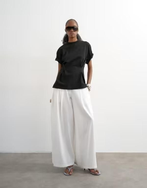 トップショップ レディース ボトムス カジュアルパンツ ワイドレッグ A ライン リネン Topshop linen blend A line wide leg pants white ホワイト 18,346円