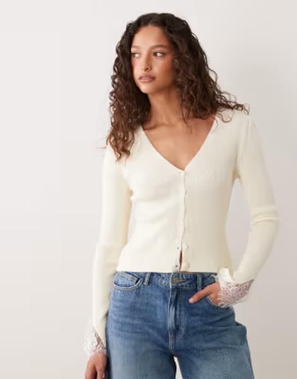 ミスセルフフリッジ レディース アウター カーディガン レーストリム レース Misselfridge lace trim cardigan with fluted sleeves CREAM クリーム
