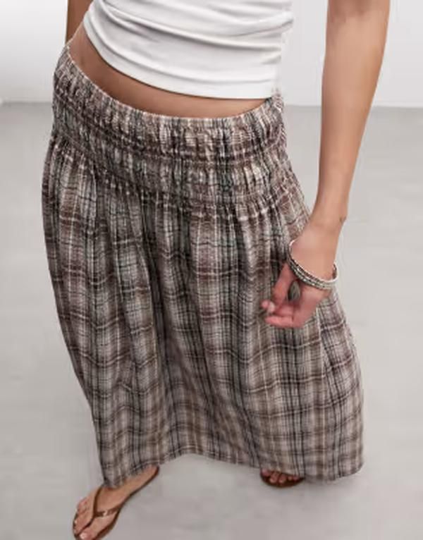 コルージョン レディース ボトムスカート マキシ COLLUSION shirred waist band maxi skirt plaid BROWN PLAID ブラウン