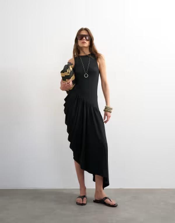 トップショップ レディース トップス ワンピース ドレープ マキシ Topshop draped viscose bubble hem racer neck maxi dress Black ブラック