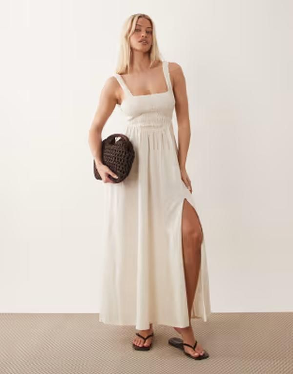 エイソス レディース トップス ワンピース リネン マキシ ASOS DESIGN Fuller Bust Selina Beach shirred linen look maxi sundress inatural Natural