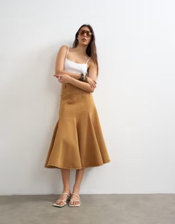 トップショップ レディース ボトムスカート デニム Topshop denim fit and flare midaxi skirt in tobacco デニム