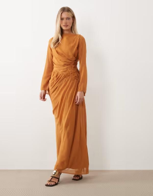 エイソス レディース トップス ワンピース シフォン 刺繍 マキシ ASOS DESIGN chiffon maxi dress with 3D embroidered flower hip detail in orange オレンジ