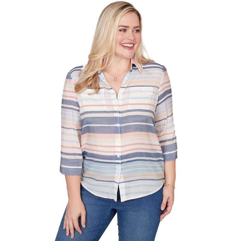アルフレッド ダナー レディース トップス シャツ Womens Alfredunner Textured Stripe ButtonFrontop Blue Multi ブルー
