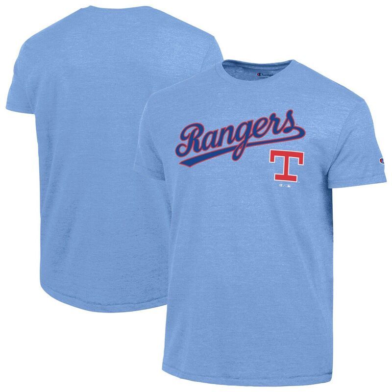 チャンピオン レディース トップス Tシャツ Mens Champion Light Blue Texas Rangers Cooperstown Wordmark Lockup TriBlend TShirt Rgr Light ブルー