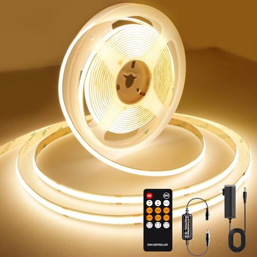 AXMOTUT COB LEDテープライト5m 24V 電球色 3000K 高輝度 調光可能 高密度 フレキシブル LEDテープライト 付きRF リモートおよび PSE認証電源 切断可能 取付簡単 工具不要 非防水 店舗 室内 ホーム装飾用 164e26d3