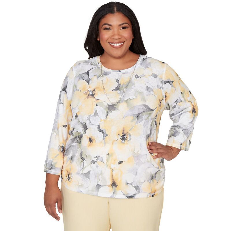 アルフレッド ダナー レディース トップス シャツ フラワー柄 プラスサイズ ギャザー レース フラワー Plusize Alfredunner Watercolor Floral Side Ruched Top with Necklace Multi Yel