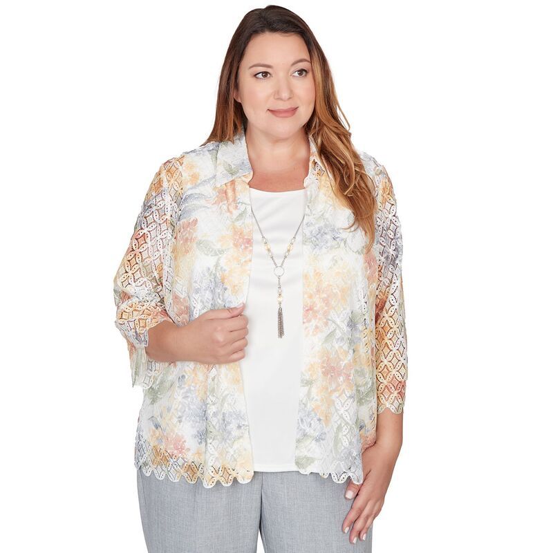 アルフレッド ダナー レディース トップス シャツ フラワー柄 プラスサイズ レース フラワー Plusize Alfredunner Lace Floral TwoinOne Top with Necklace Multi Yellow イエロー