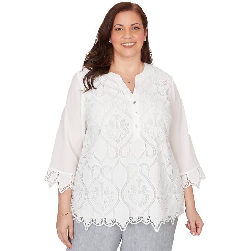 アルフレッド ダナー レディース トップス シャツ カットアウト プラスサイズ レース Plusize Alfredunner Lace Cut Out Front Henley Top White ホワイト