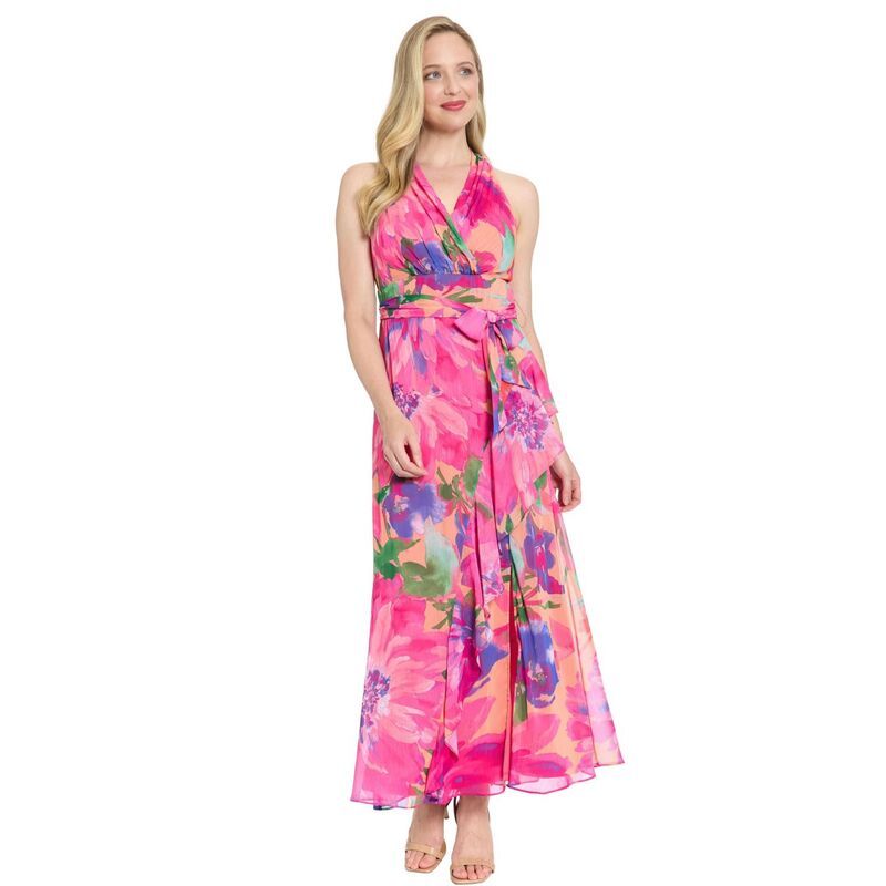 ロンドンタイムス レディース トップス ワンピース マキシ ホルター Womens London Timesash Belt Halter Maxi Dress Peach Pink ピンク