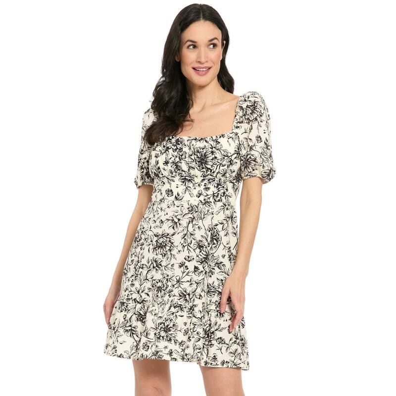 ロンドンタイムス レディース トップス ワンピース シャーリング Womens London Times Puff Sleeve Smocked Back Short Dress Ivory Black アイボリー