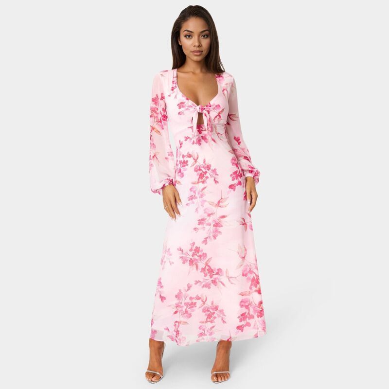 ベベ レディース トップス ワンピース シフォン プリント マキシ Womens bebe Printed Chiffon Tie Front Maxi Dress Pink Multi ピンク
