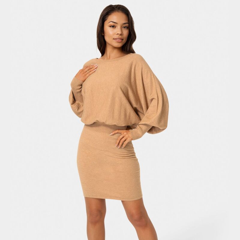 ベベ レディース トップス ワンピース セーター Womens bebe Scoop Neck Blouson Sweater Dress Camel キャメル