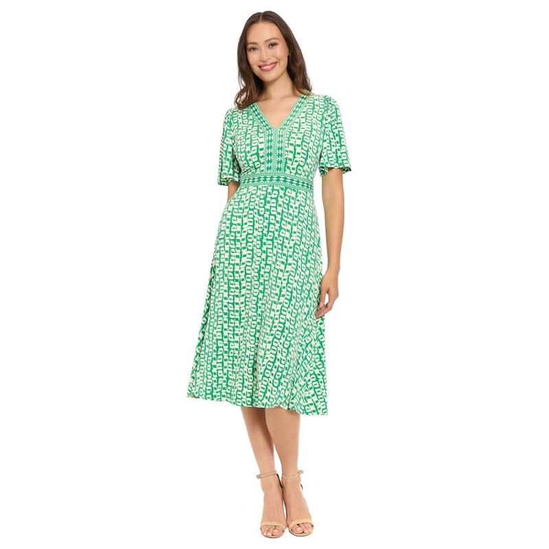 ロンドンタイムス レディース トップス ワンピース Vネック ミディ Womens London Times Framed VNeck Flutter Sleeve Fit Flare Inset Waist Midi Dress Green Ivory アイ
