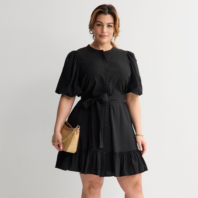 ナインウェスト レディース トップス ワンピース プラスサイズ Plusize Nine West Button Front Fit Flare Dress Mineral Black ブラック