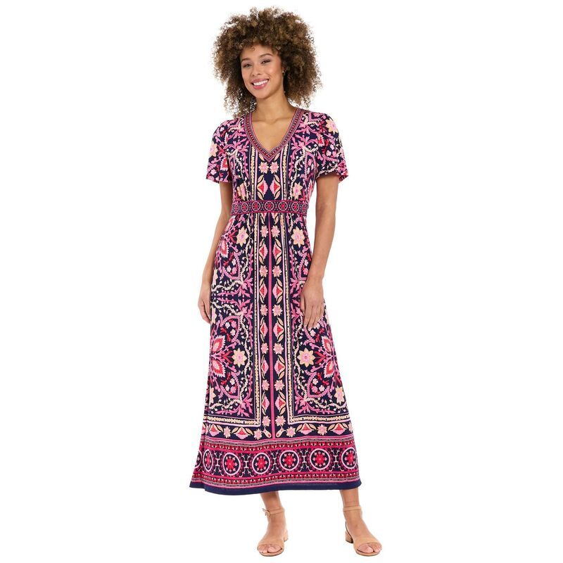 ロンドンタイムス レディース トップス ワンピース Vネック マキシ Womens London Times VNeck Flutter Sleeve Maxi Dress Navy Pink ネイビー