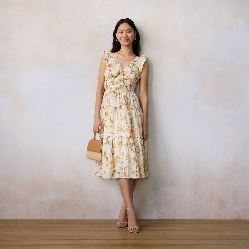 LC Lauren Conrad レディース トップス ワンピース フリル ミディ Womens LC Lauren Conrad Shirred Bodice Ruffle Sleeve Midi Dress Cream Dahlia Blooms クリーム