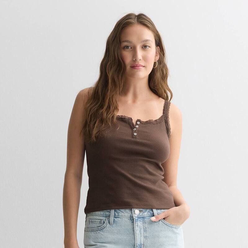 エスオー レディース トップス Tシャツ レーストリム レース Juniors SO Lace Trim Henley Cami Beau Brown ブラウン