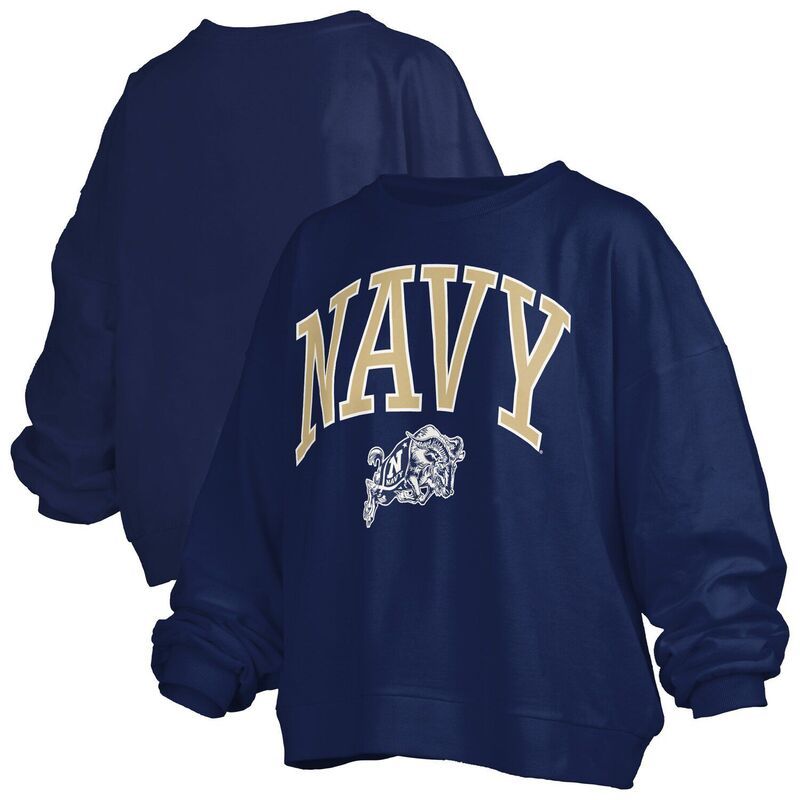 プレスボックス レディース トップス Tシャツ スウェット ロゴ Womens Pressbox Navy Midshipmen Janise Arch Over Logo Waist Length Oversized Pullover Sweatshirt
