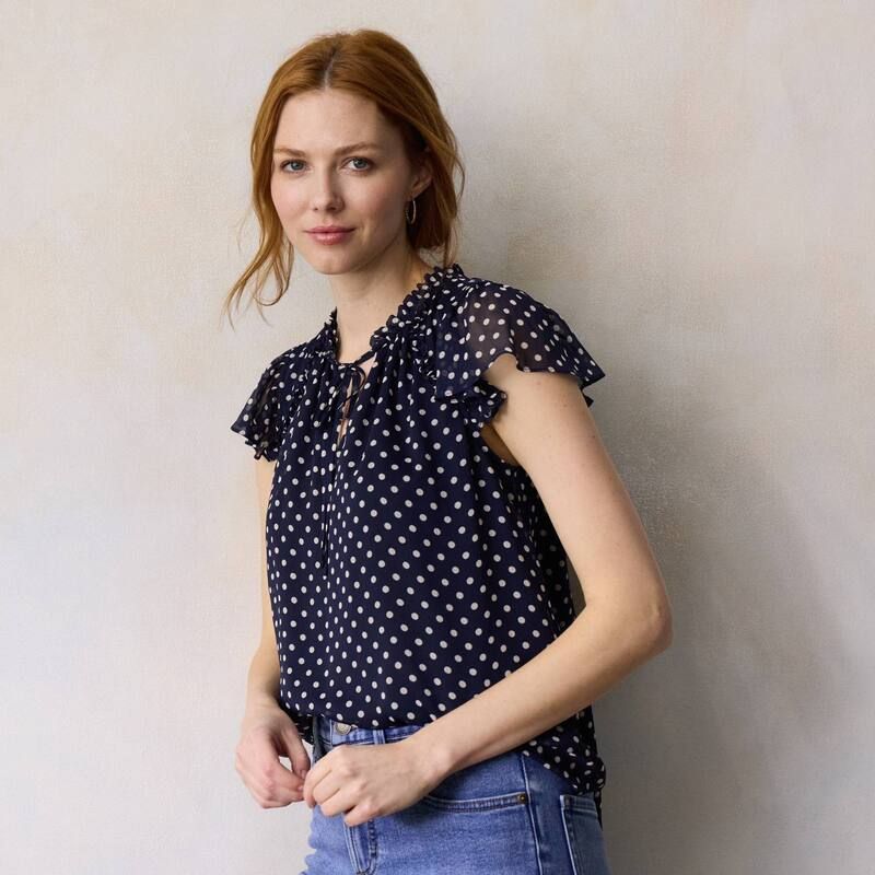 LC Lauren Conrad レディース トップス シャツ Vネック フリル Womens LC Lauren Conrad Ruffle VNeck with Trim Top Navy Cady Dot ネイビー