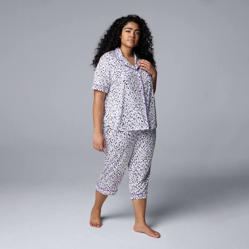 ヴェラウォン レディース アンダーウェア ナイトウェア プラスサイズ キャップ Plusize Simply Vera Wang 2pc Pajama Short Sleeve Notch Top Capri Pant Set White Animal ホワイ