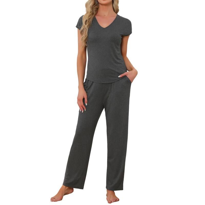 cheibear レディース アンダーウェア ナイトウェア パンツ cheibear Womenshort Sleeve Modal Casual Set Pajama 2 Piece Loungewear Long Pantsweatsuit Grey グレ