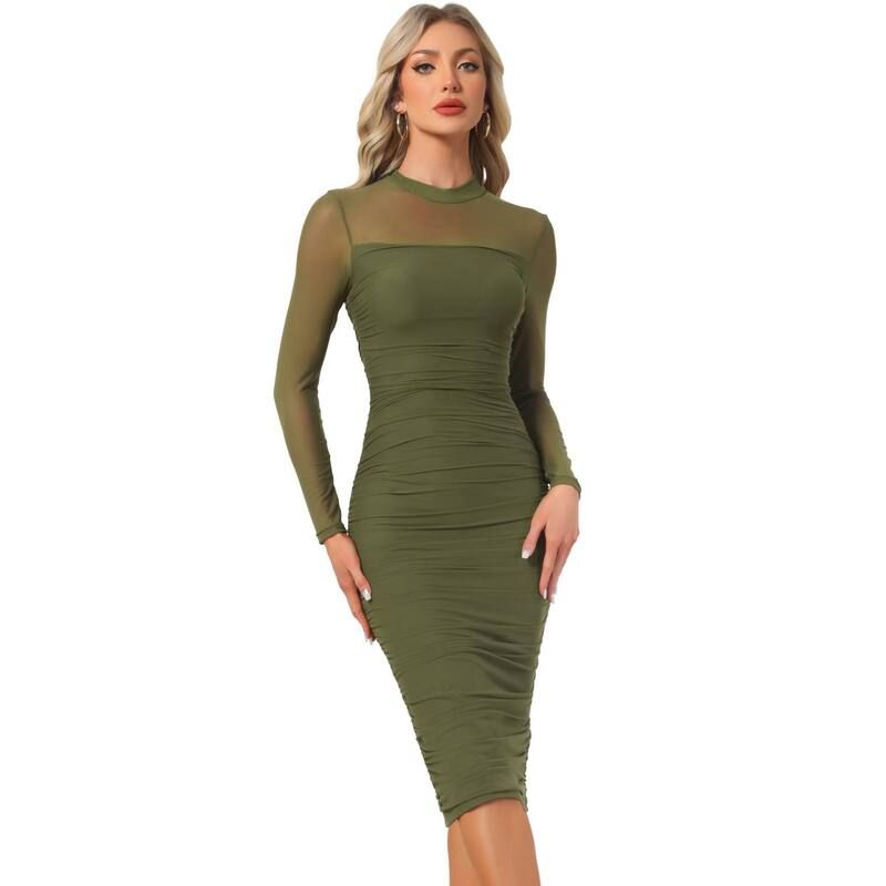 アレグラ ケー レディース トップス ワンピース モックネック メッシュ ALLEGRA K Mesh Dress for Womens Mock Neck Long Sleeve Ruch Elegant Cocktail Bodycon Dresses O