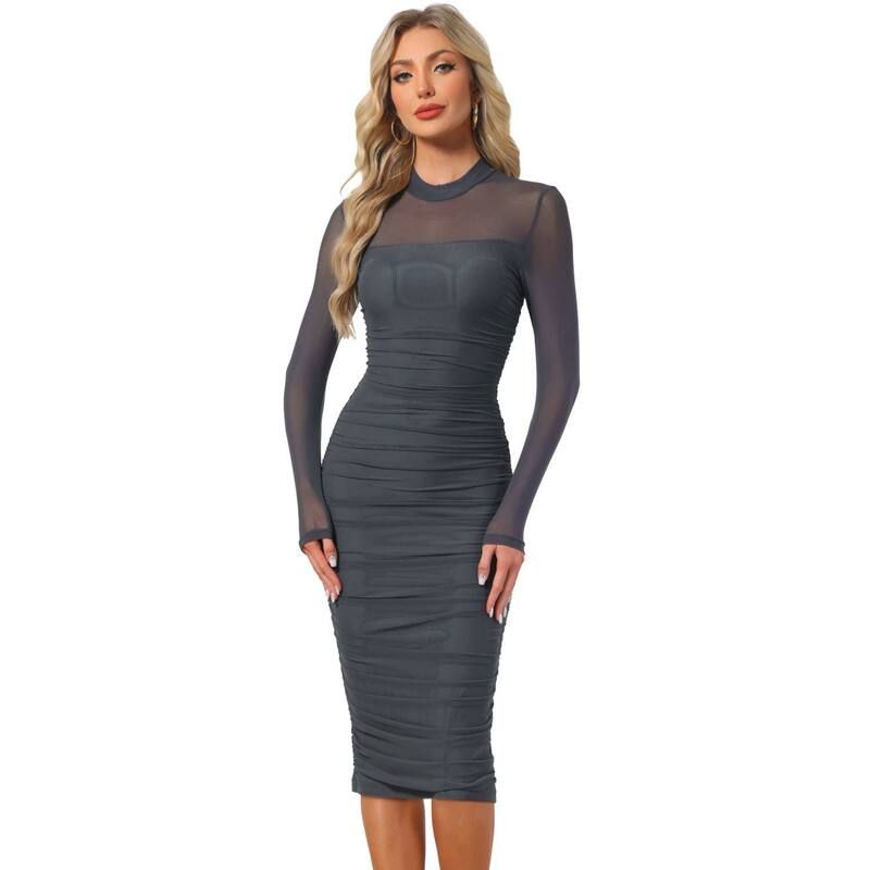 アレグラ ケー レディース トップス ワンピース モックネック メッシュ ALLEGRA K Mesh Dress for Womens Mock Neck Long Sleeve Ruch Elegant Cocktail Bodycon Dresses G