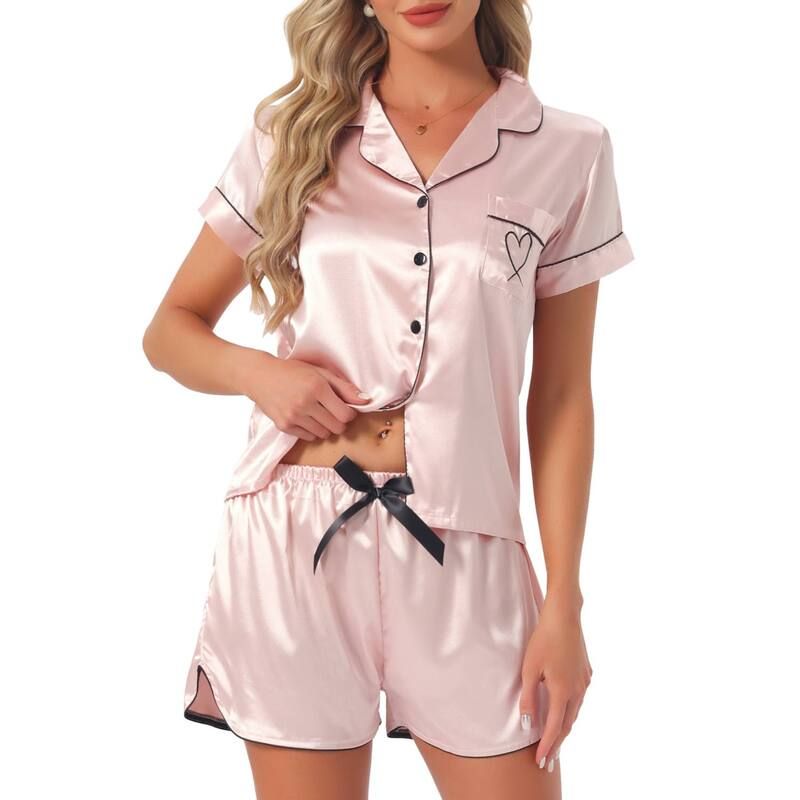 cheibear レディース アンダーウェア ナイトウェア ボタンダウン ショートパンツ サテン シルク ダウン cheibear Womensatin Silky 2 Piece Short Sleeve Sleepwear Button Down Loun