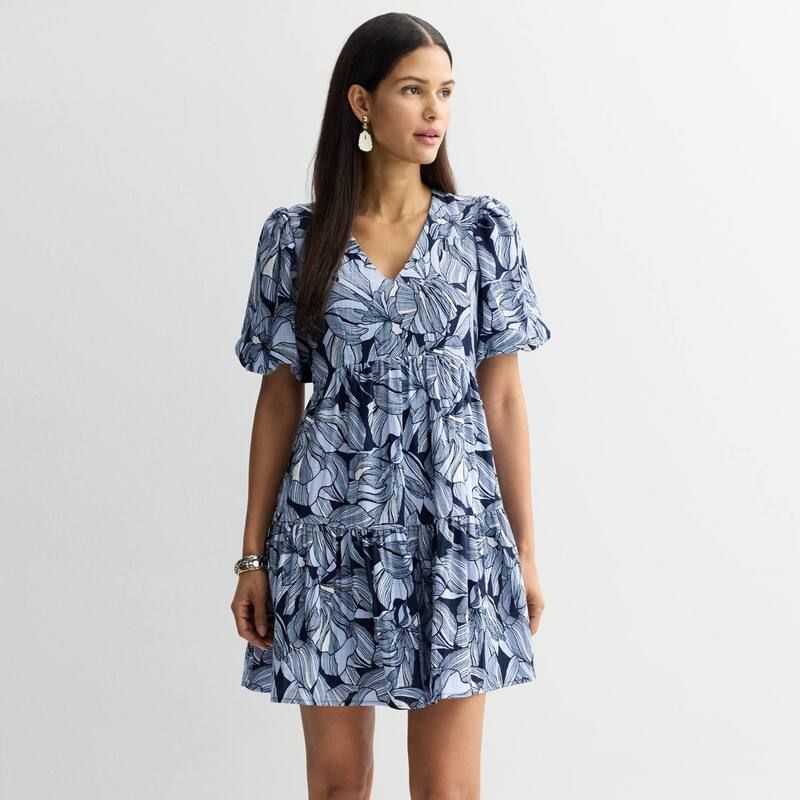ナインウェスト レディース トップス ワンピース Womens Nine West Bubble Sleeve Babydoll Dress Navy Emma Floral ネイビー