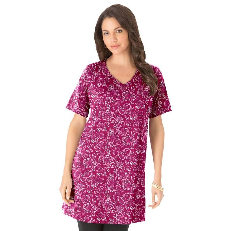 ロアマンズ レディース トップス Tシャツ Vネック プラスサイズ コットン Roamans Womens Plusize Ultimate Cotton VNeck Short Sleeve Tunic Very Berry Batik