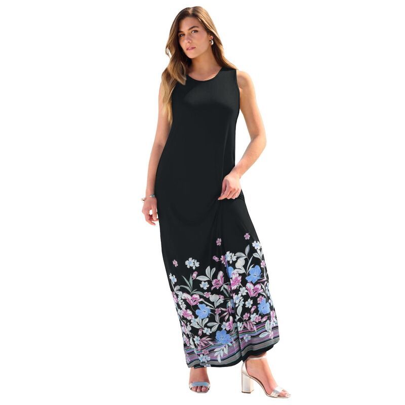 ロアマンズ レディース トップス ワンピース プラスサイズ ノースリーブ マキシ Roamans Womens Plusize Ultrasmooth Fabric Sleeveless Maxi Dress Black Blue Border ブラック