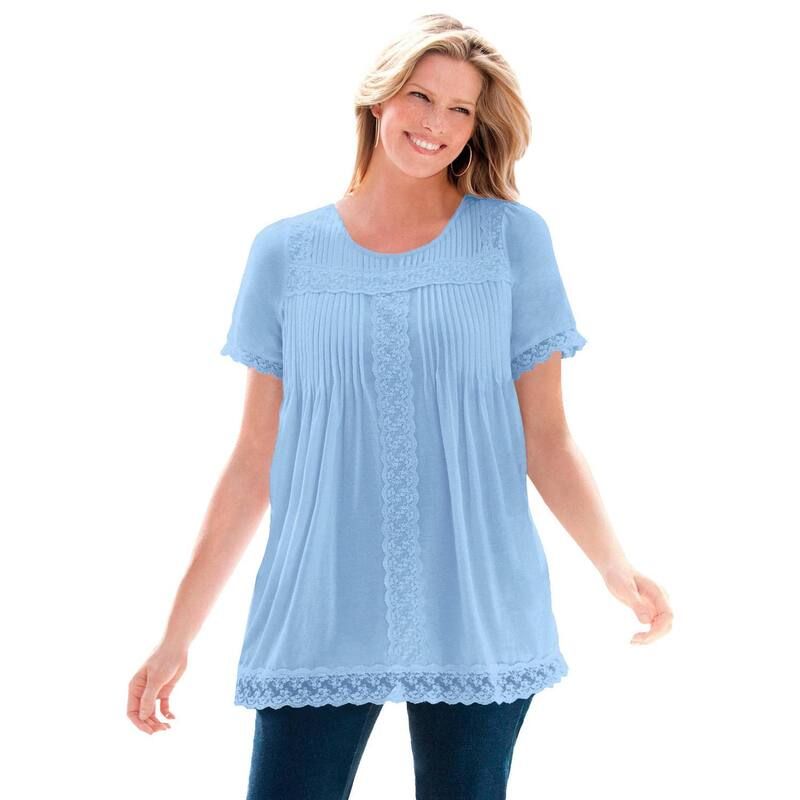 ウーマン ウィズイン レディース トップス Tシャツ プラスサイズ レース Woman Within Plusize LaceTrim Pintucked Tunic Sky Blue ブルー