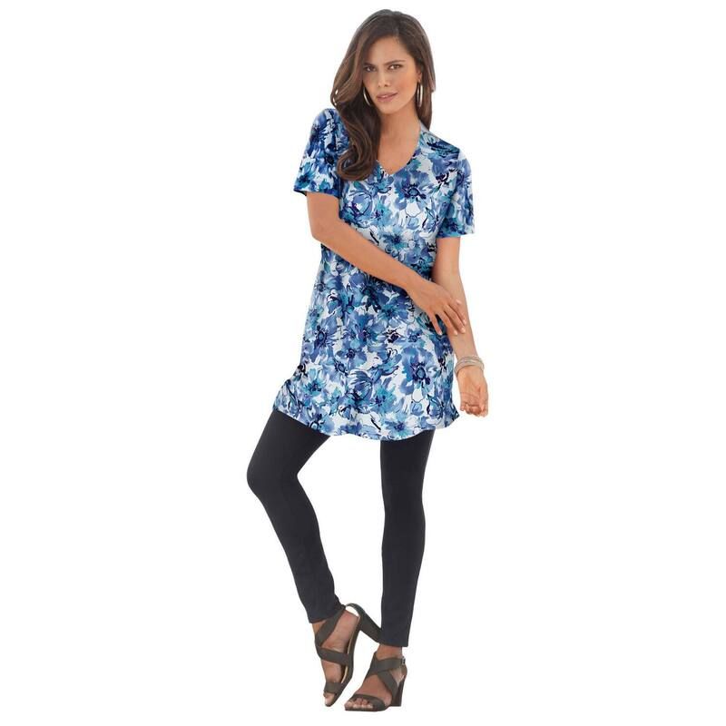 ロアマンズ レディース トップス Tシャツ Vネック プラスサイズ コットン Roamans Womens Plusize Ultimate Cotton VNeck Short Sleeve Tunic Blue Dreamy Floral ブルー