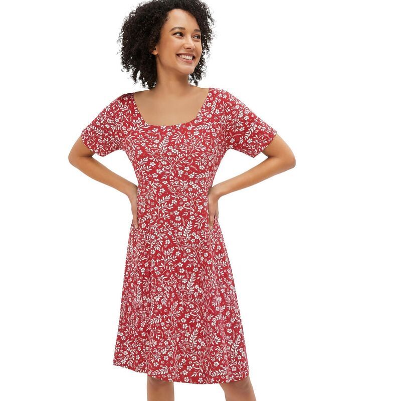 Ellos レディース トップス ワンピース プラスサイズ ニット Ellos Plusize Short Sleeve Fit Flare Knit Dress Chili Red Vine Floral レッド