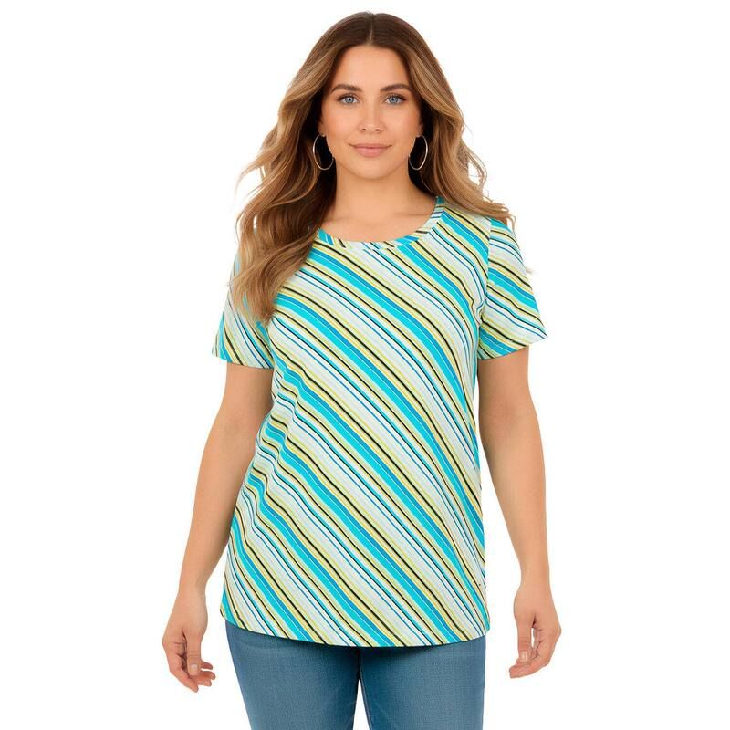ロアマンズ レディース トップス Tシャツ クルーネック プラスサイズ コットン Roamans Womens Plusize Cotton Ultimate Crewneck Tee Turq Diagonal Stripe ストライプ