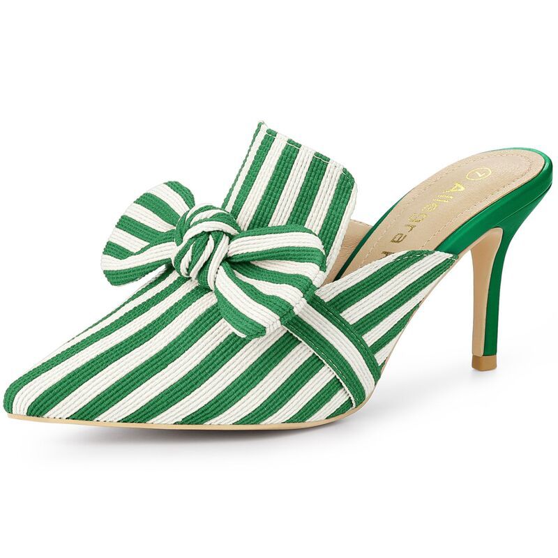 アレグラ ケー レディース シューズ サンダル ヒール ALLEGRA K Womenstripe Bow Slip on Stiletto Heel Slides Mules Green グリーン
