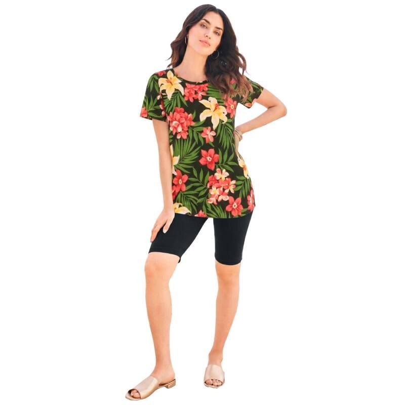 ロアマンズ レディース トップス Tシャツ クルーネック プラスサイズ コットン Roamans Womens Plusize Cotton Ultimate Crewneck Tee Black Tropical Floral ブラック