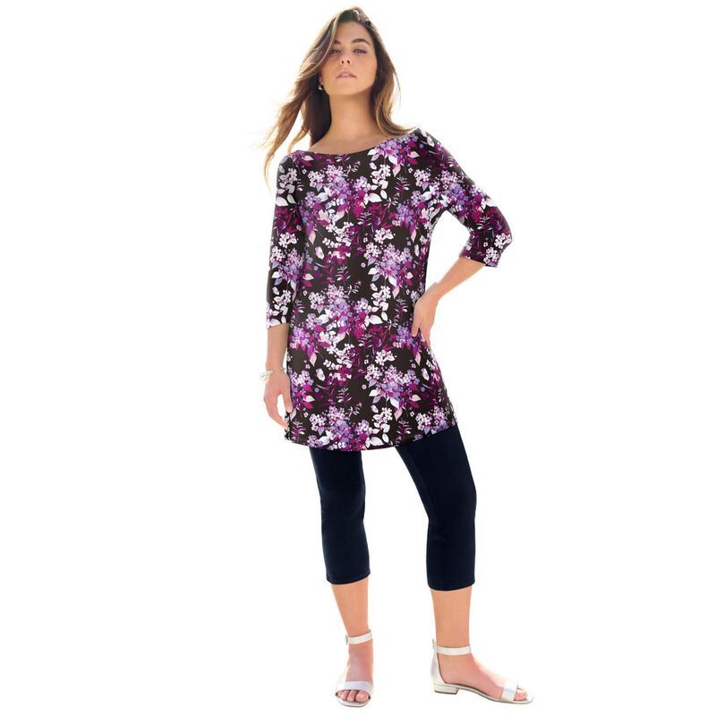 ロアマンズ レディース トップス Tシャツ プラスサイズ コットン Roamans Womens Plusize Cotton Ultimate Boatneck Tunic With Side Slits Black Berry Garden ブラック