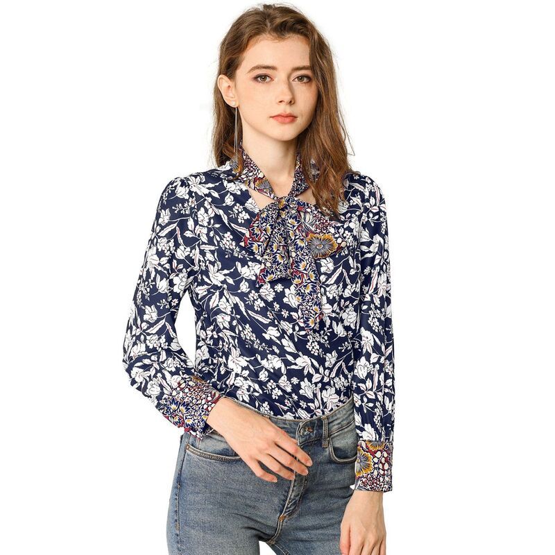 アレグラ ケー レディース トップス シャツ ヴィンテージ フラワー柄 コントラスト ブラウス フラワー ALLEGRA K Womens Bow Tie Long Sleeve Contrast Color Vintage Floral Blouse Blu